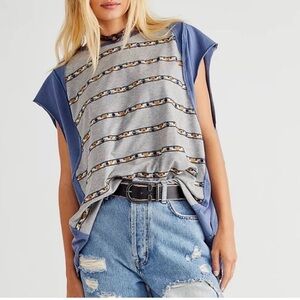Free People Blue/Gray Groovy Embroidered Stripe Oversized Tee